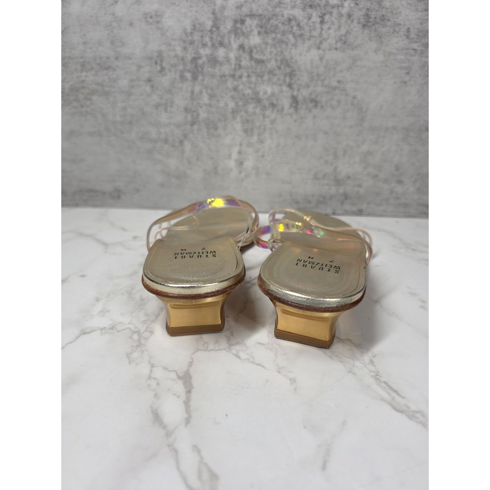 Stuart Weitzman Focus Gold Iridescent Holographic Kitten Heel Sandals 7M Y2K - Picture 11 of 12